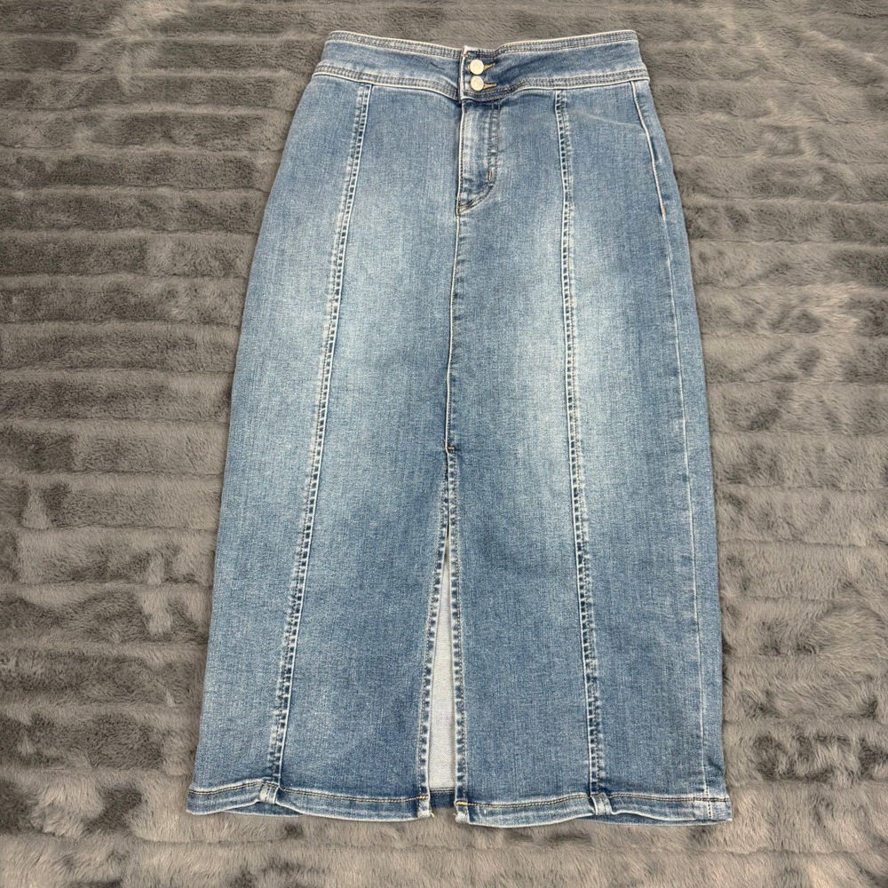 We The Free Free People Denim Midi Skirt Blue High Waist Front Slit Size 26
